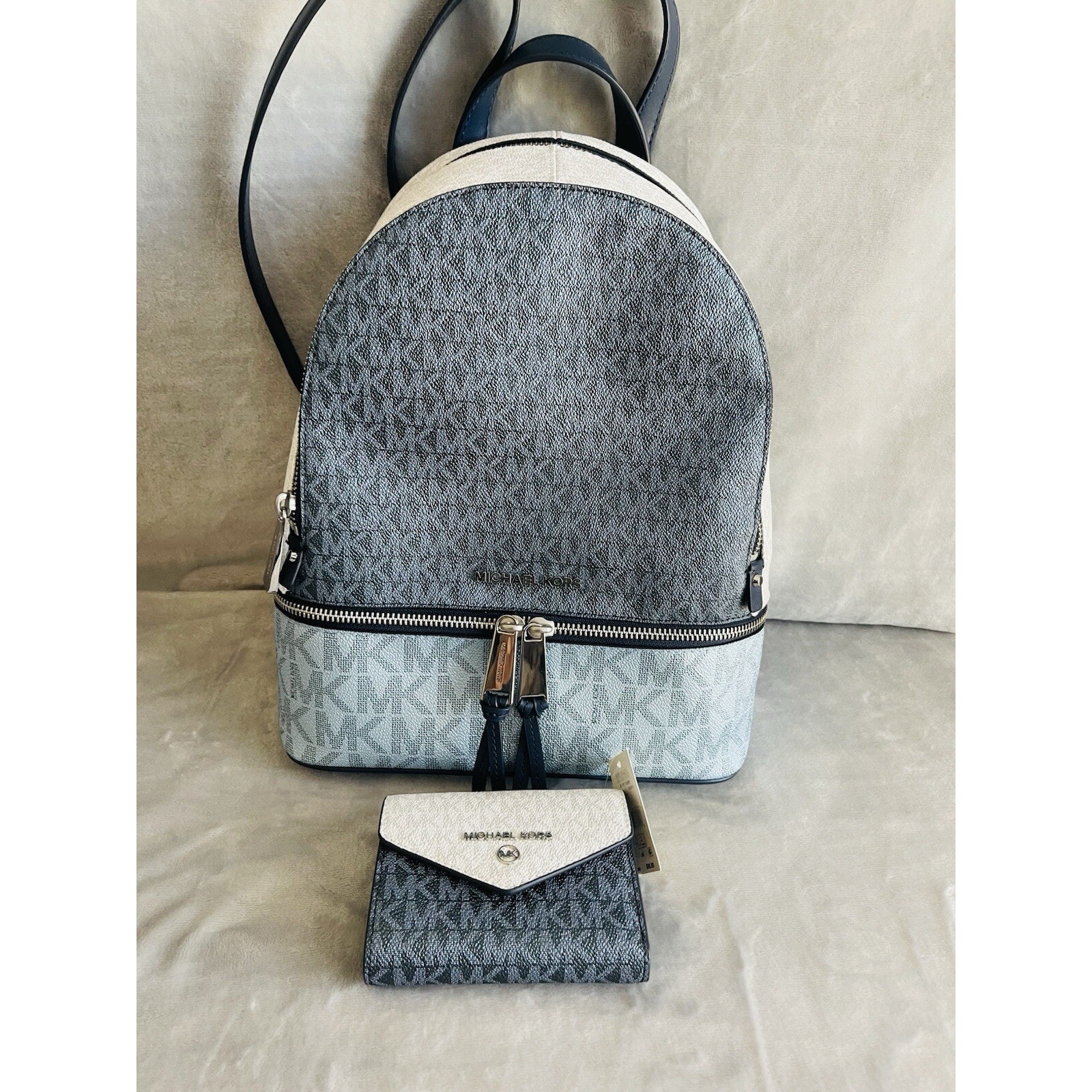 Nwt Michael Kors Rhea Medium Colorblock Signature Logo Backpack & Wallet
